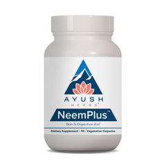 Ayush Herbs Neem Plus bottle closeup with capsules for daily digestive support