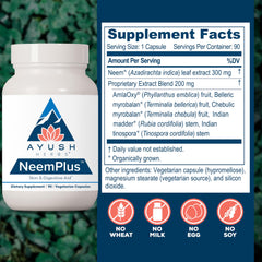 Ayush Herbs Neem Plus front label showing Ayurvedic blend for immune support