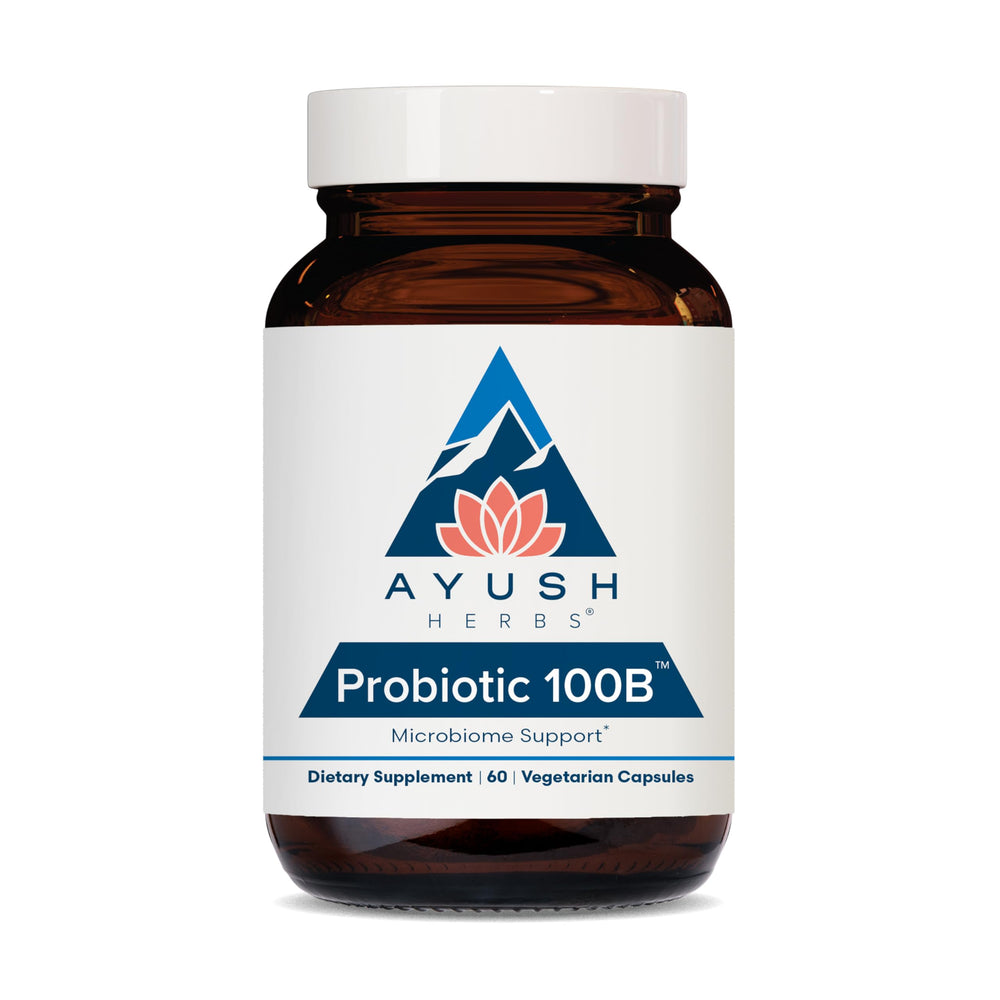 Ayush Herbs Probiotic 100B bottle showing packaging for digestive health