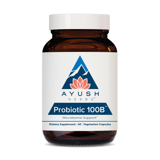 Ayush Herbs Probiotic 100B bottle showing packaging for digestive health