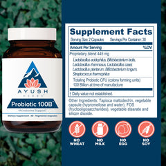 Ayush Herbs Probiotic 100B label close-up highlighting shelf-stable potency