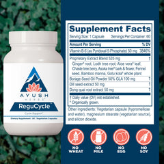 Ayush Herbs Regu-Cycle label on bottle — trusted Ayurvedic blend for holistic wellness.