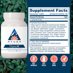 Ayush Herbs Thyro-M capsules closeup emphasizing tyrosine and kelp ingredients for thyroid support.