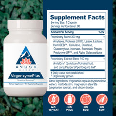 Ayush Herbs VegenzymePlus label detail highlights vegetarian enzyme blend benefit.