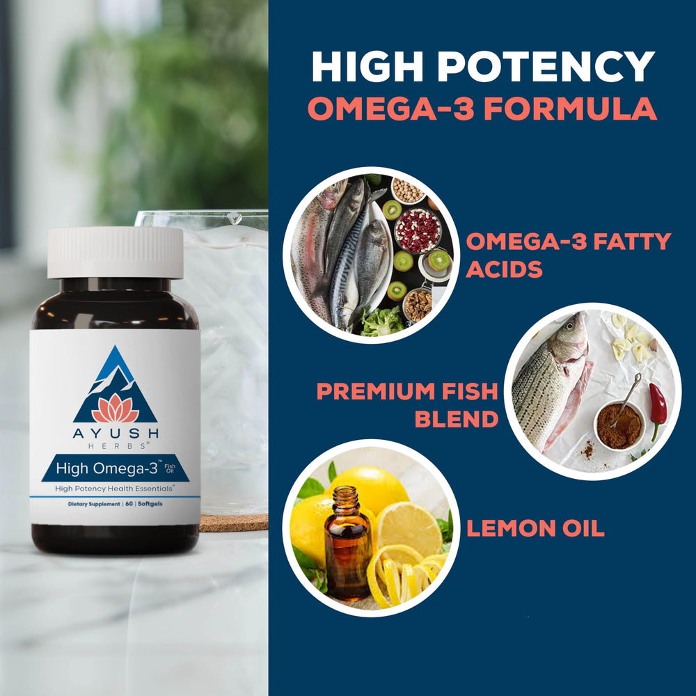 Ayush High Omega-3 bottle label with 60 softgels