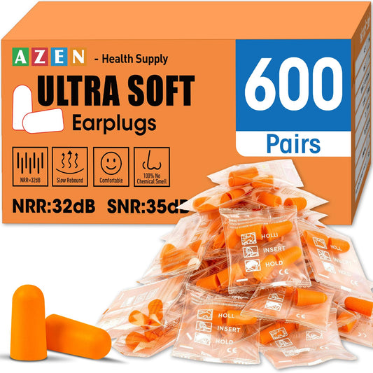 AZEN 600-pairs ear plugs package front, ideal for travel and storage.