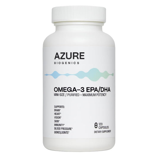 Azure Biogenics Omega-3 mini softgels offer easy daily use for potential brain and heart support.