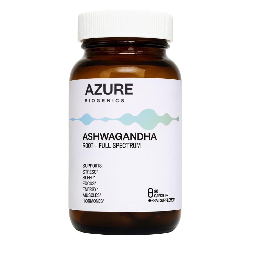 Azure Biogenics organic ashwagandha bottle suggesting daily stress balance and calm focus.