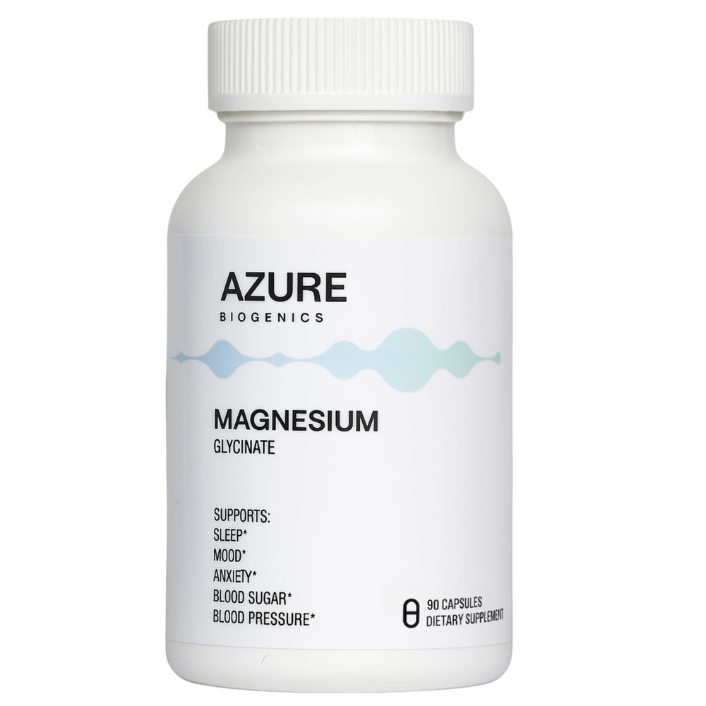 Azure Biogenics Pure Magnesium Glycinate bottle for daily relaxation and sleep support.