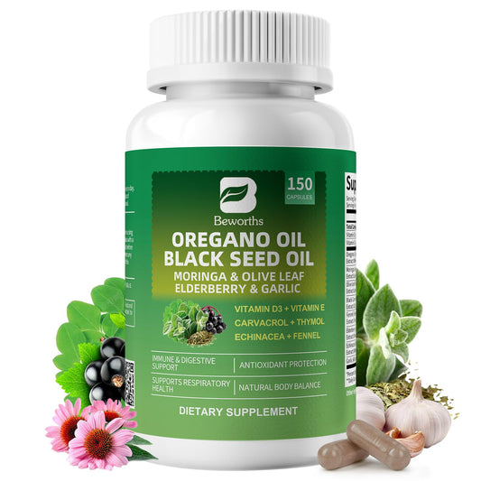 B BEWORTHS Oil of Oregano with Black Seed Oil bottle on kitchen counter for daily support