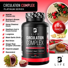B Life Circulation Complex capsules close-up highlighting easy-to-take soft gels.