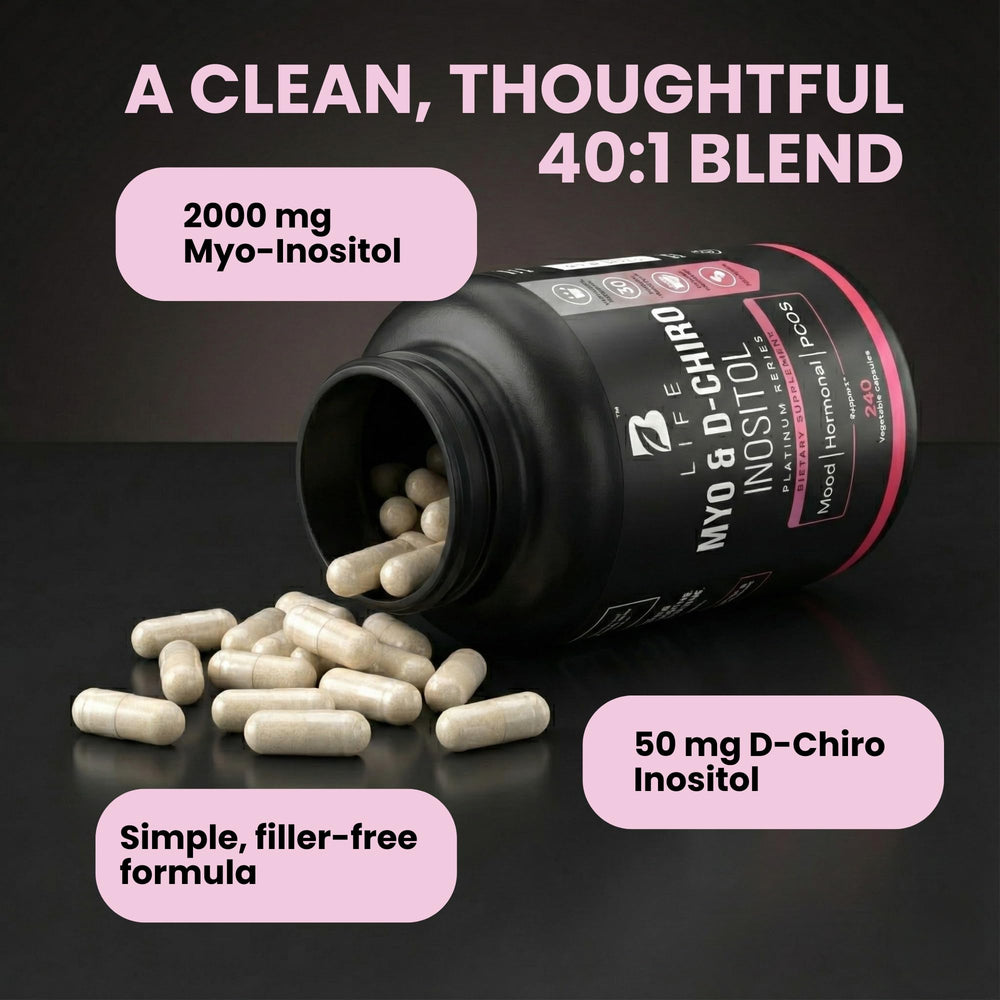 Label detail shows purity and ingredients for the inositol supplement.