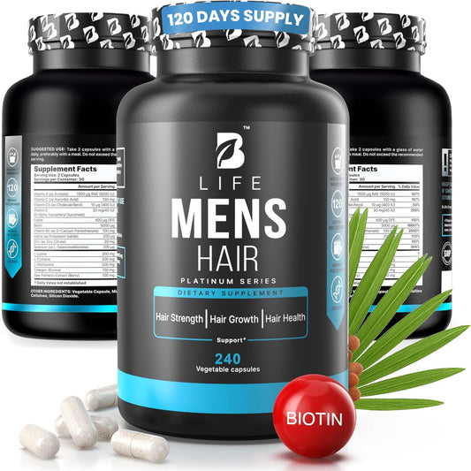 B Life Company men's hair growth supplement bottle promoting thicker hair