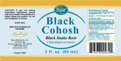 Baar Black Cohosh Fluid Extract label close-up with ingredient information.