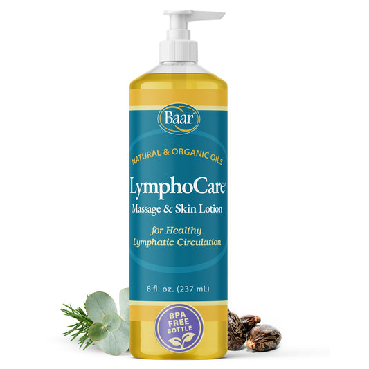 Baar LymphoCare bottle pour showing easy application for lymphatic massage