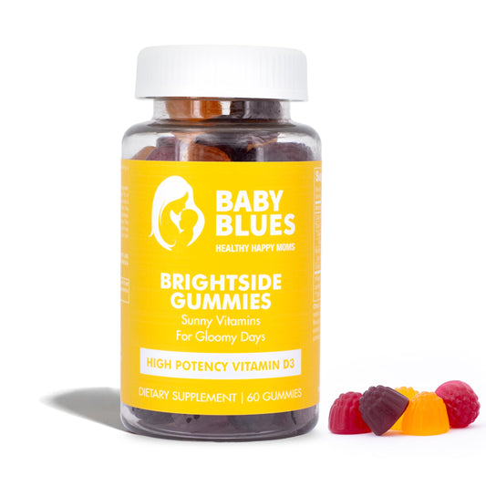 Baby Blues Brightside bottle pouring gummies, supporting daily immune and mood wellness.