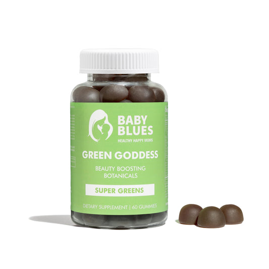 Baby Blues Green Goddess Gummies bottle promotes daily plant-based wellness.