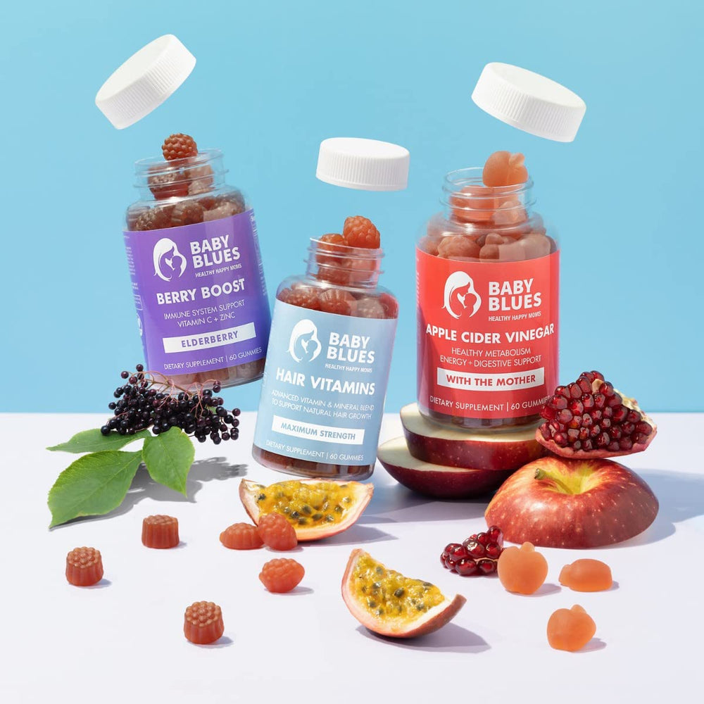Baby Blues Postpartum Pack gummies closeup highlighting flavor variety for new moms