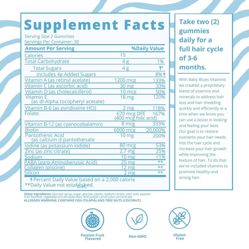 Baby Blues label closeup; packaging notes Non-GMO and gluten-free attributes