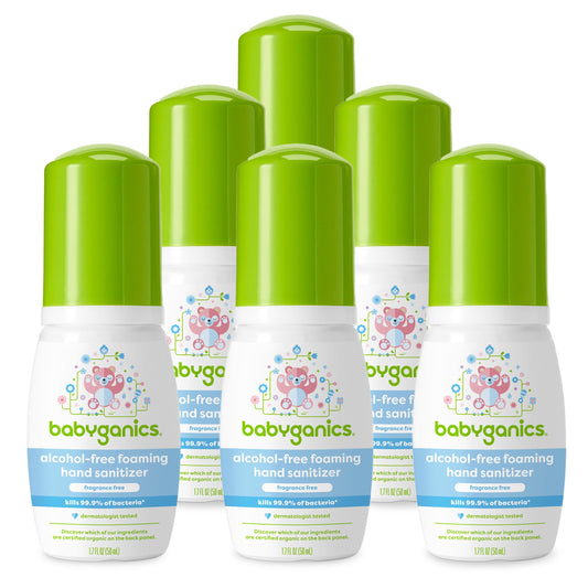 Babyganics foaming hand sanitizer bottle front with fragrance-free formula for gentle cleansing.