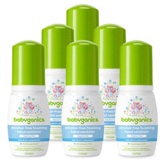 Babyganics foaming hand sanitizer bottle front with fragrance-free formula for gentle cleansing.