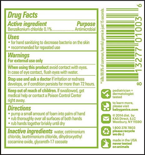 Babyganics fragrance-free foam sanitizer label featuring moisturizing formula.