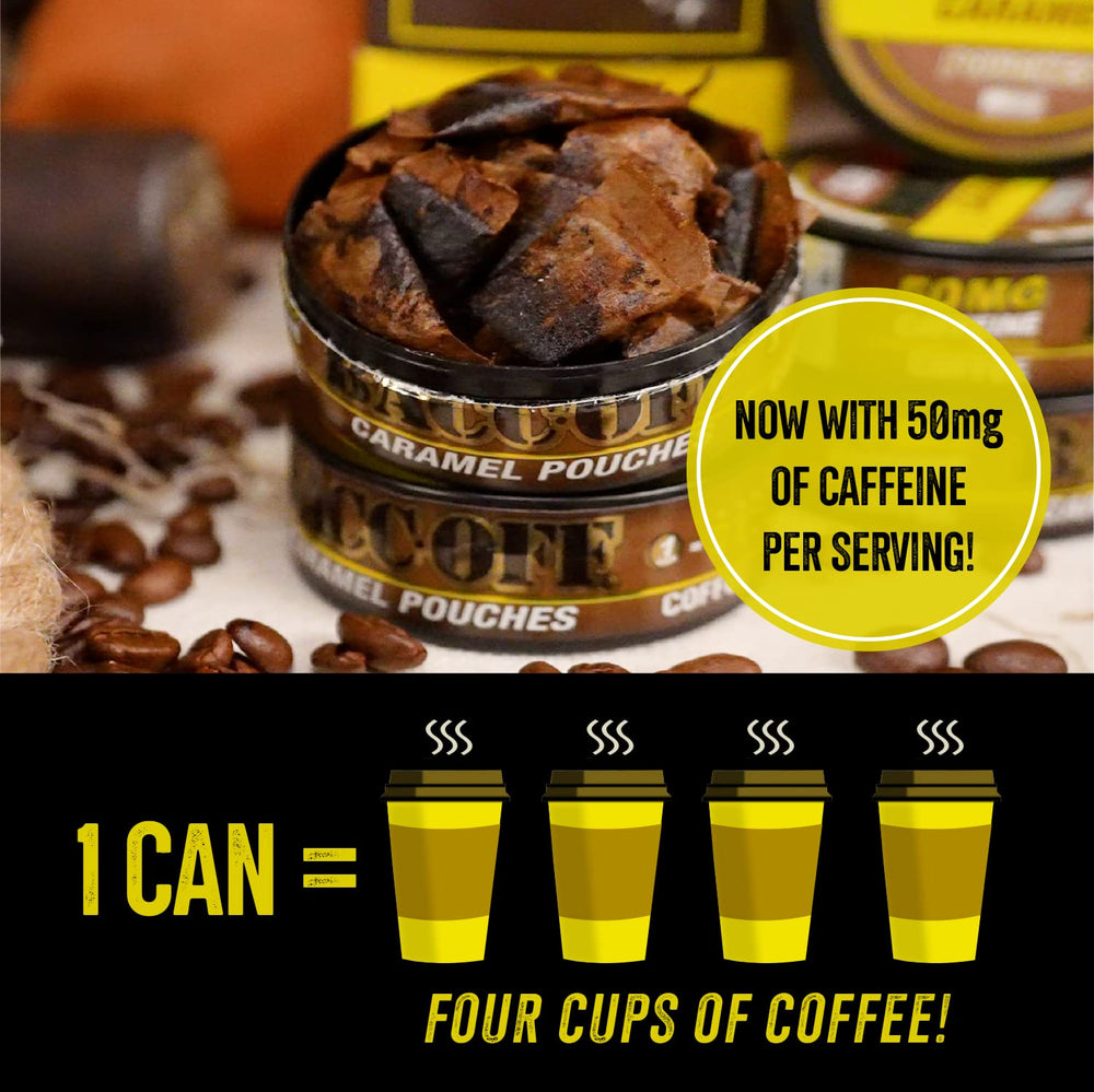 BACC OFF caramel coffee pouches packaging label emphasizes authenticity and familiar can design