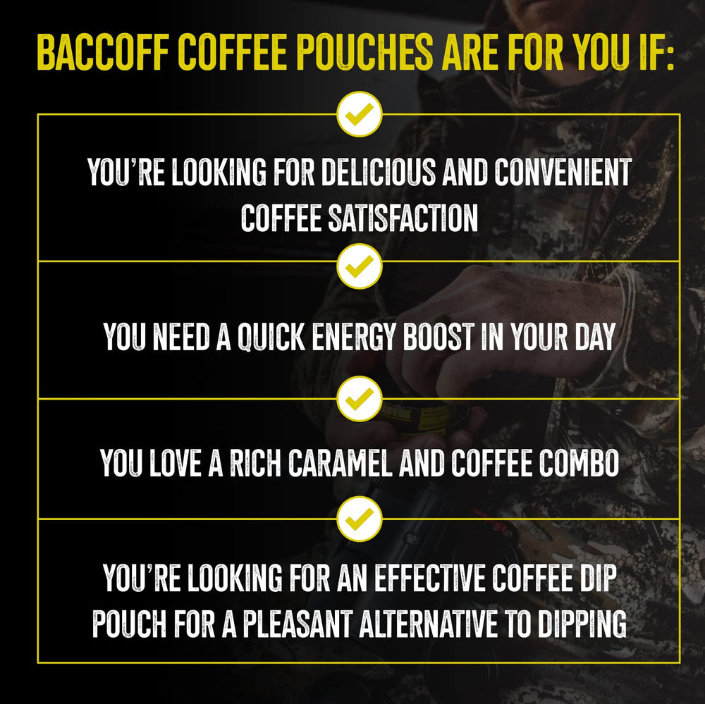 BACC OFF caramel coffee pouches roast detail and rich color