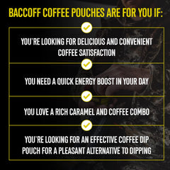 BACC OFF caramel coffee pouches roast detail and rich color