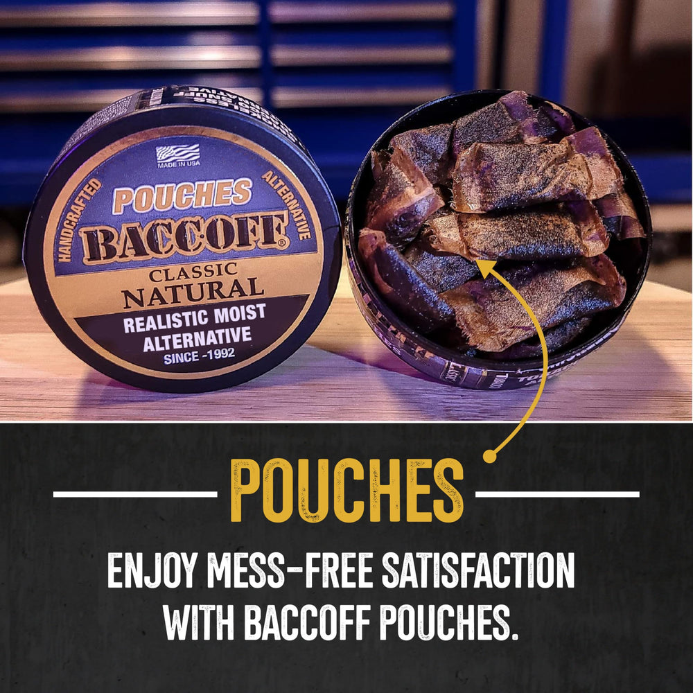 Closeup of 16 pouches per can from BACC OFF Classic Natural Pouches