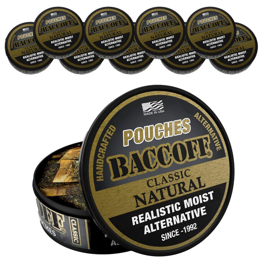 BACC OFF Classic Natural Pouches front can showcasing smoky black tea flavor