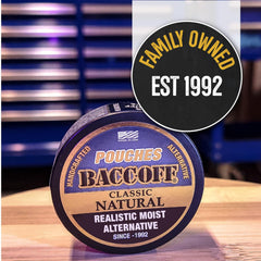 Display of BACC OFF Classic Natural Pouches with classic flavors variety