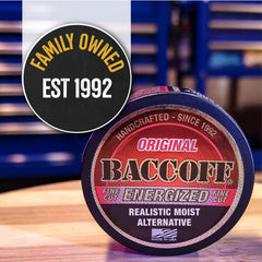 Handheld BACC OFF Energized can illustrating quick, on-the-go energy option.