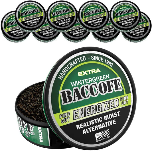 BACC OFF Extra Wintergreen Energized Fine Cut can front view with caffeine energy boost.