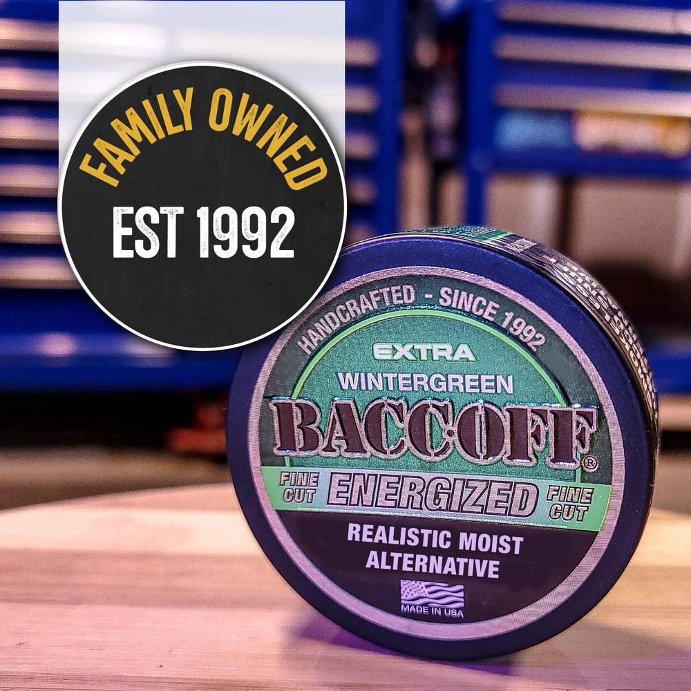 Handcrafted in the USA with BACC OFF Wintergreen Energized Fine Cut label