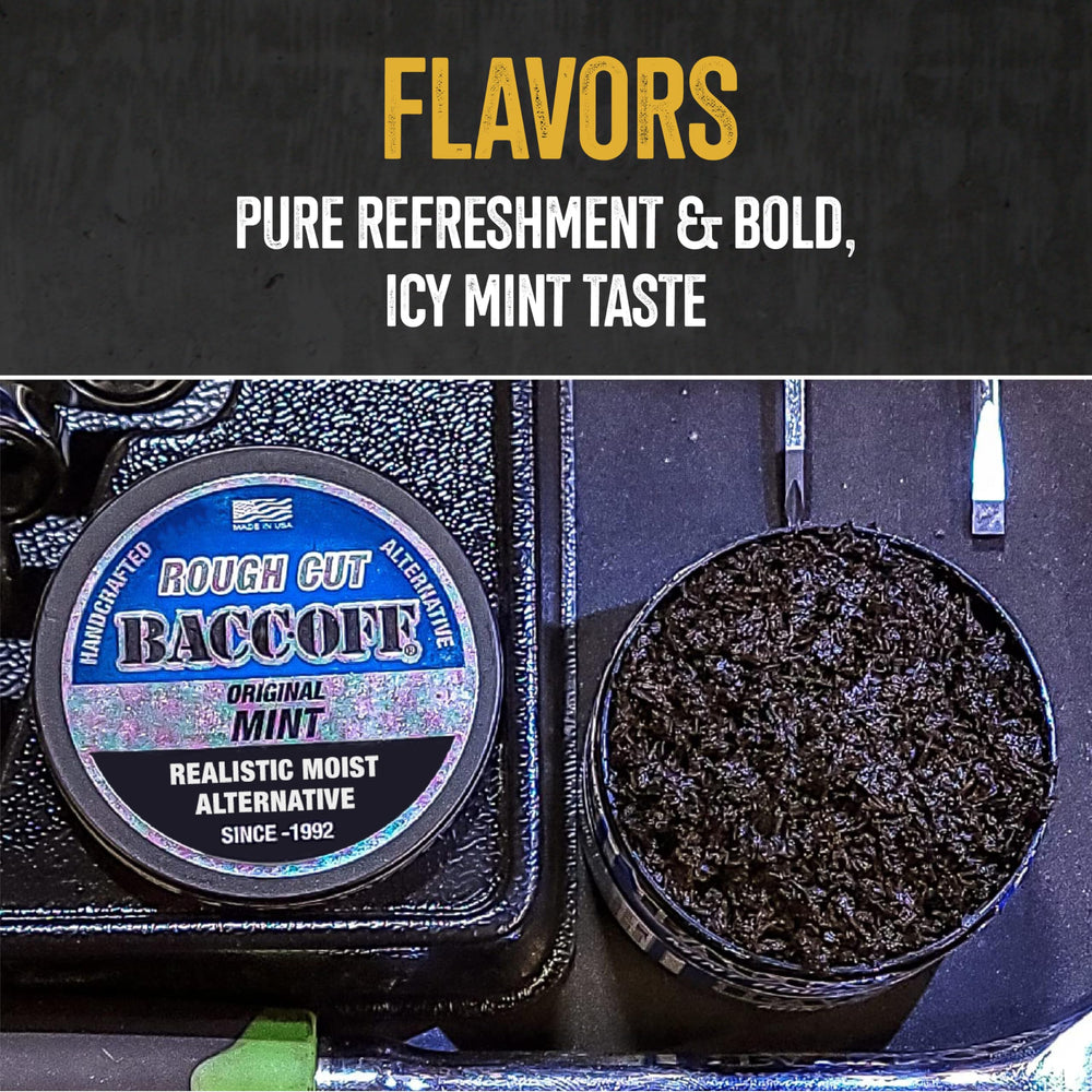 BACC OFF Mint Rough Cut packaging line displays product range.