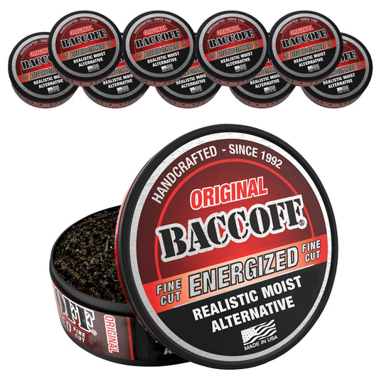 BACC OFF Original Energized Fine Cut cans front display bold smoky flavor and energy option.