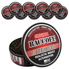 BACC OFF Original Energized Fine Cut cans front display bold smoky flavor and energy option.