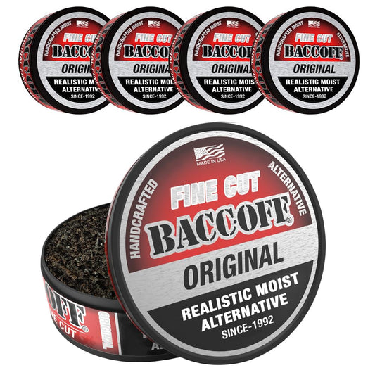 BACC OFF Original Fine Cut five cans on display, bold smoky black tea flavor for a familiar taste.