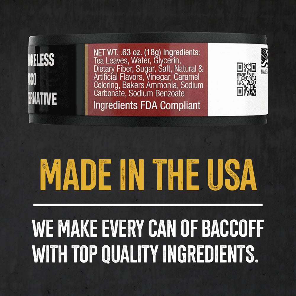 BACC OFF straight pouches closeup highlights authentic black tea base flavor.