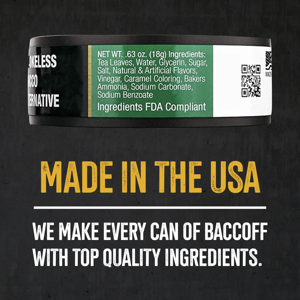 BACC OFF Wintergreen Pouches label close-up highlights rich wintergreen notes.
