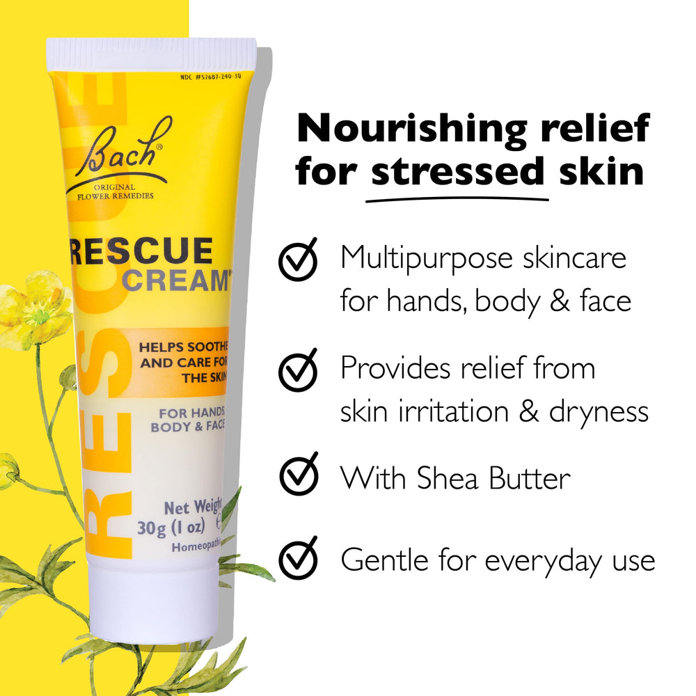 Bach Rescue Cream travel-size application on hands to comfort dryness.