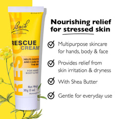 Bach Rescue Cream travel-size application on hands to comfort dryness.