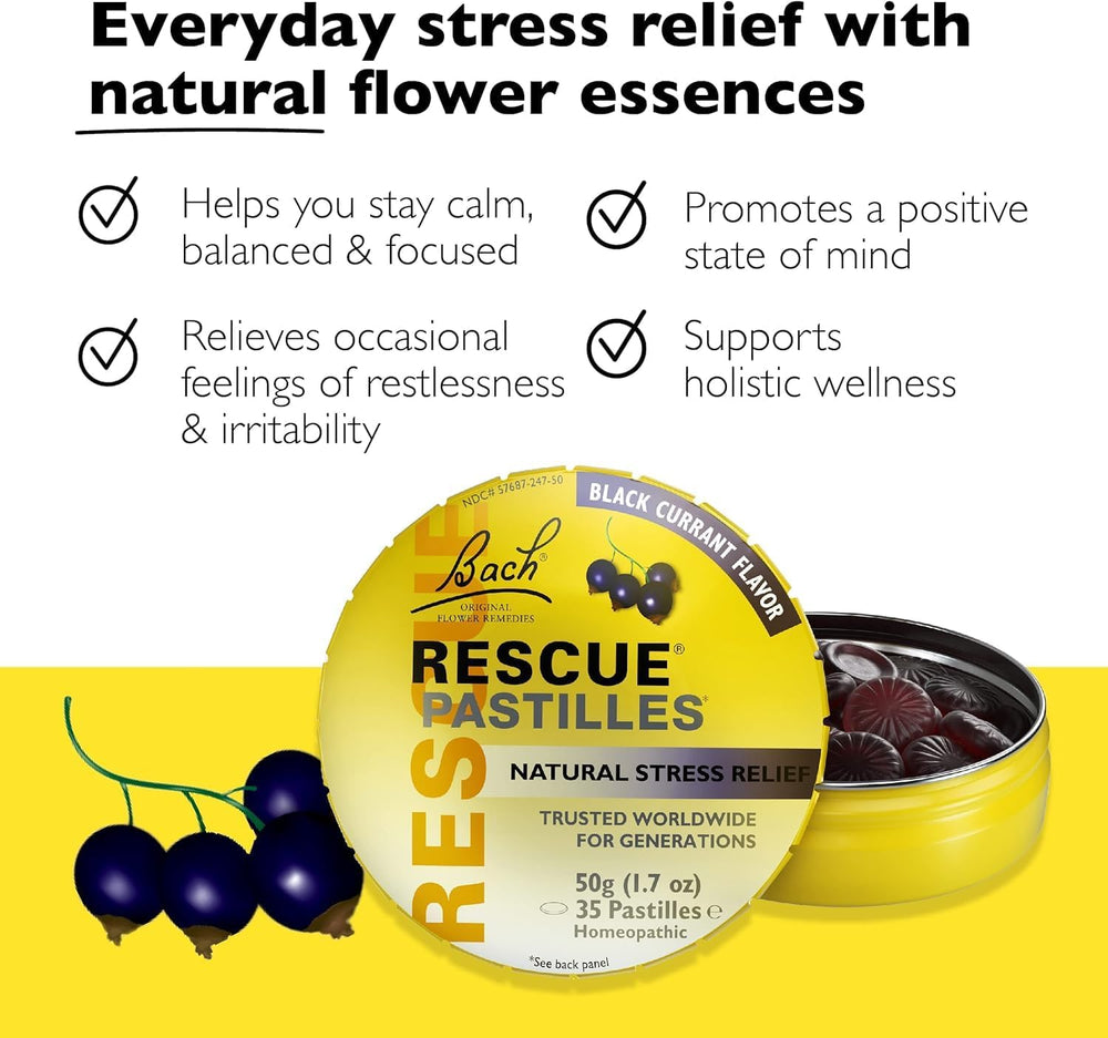 Close-up of Bach Rescue Pastilles packaging with sugar-free lozenges