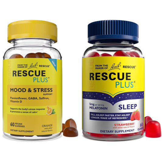 Bach Rescue Plus Mood & Stress Gummies bottle highlights GABA and saffron for daily calm support.