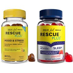 Bach Rescue Plus Mood & Stress Gummies bottle highlights GABA and saffron for daily calm support.