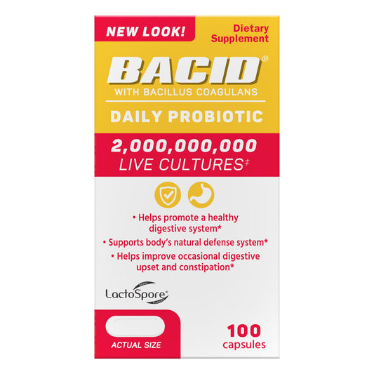 BACID Daily Probiotic caplets in bottle front promote digestive balance.