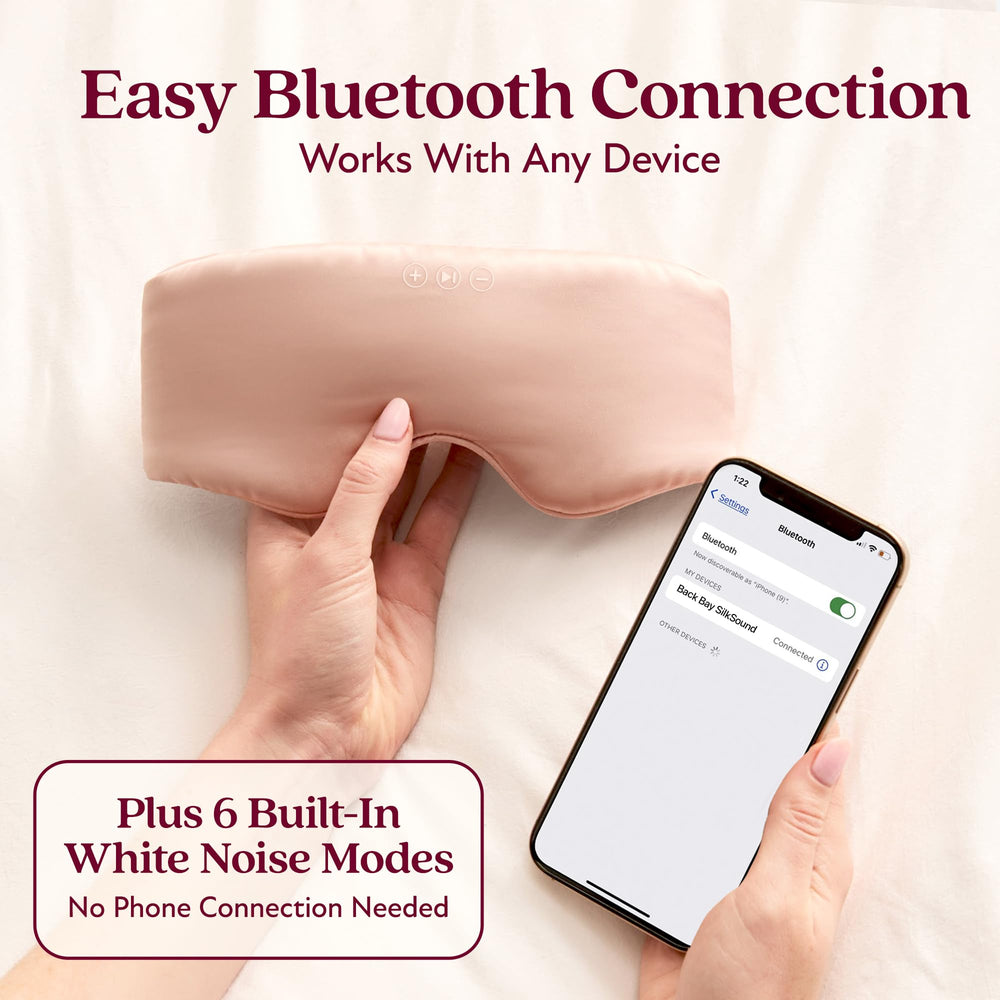 Back Bay Audio SilkSound built-in-sleep-timer-eye-mask for automatic music stop.