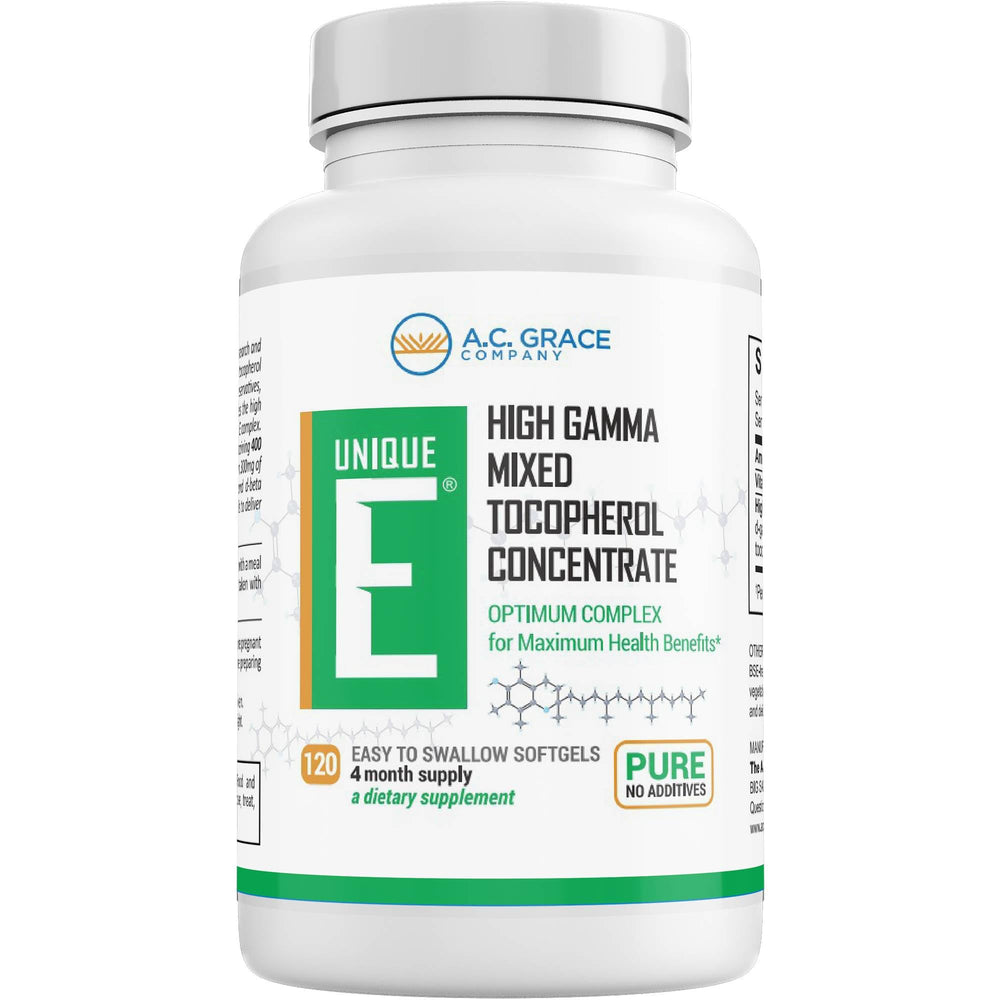 Back label shows supplement facts and ingredients for UNIQUE E tocopherols.