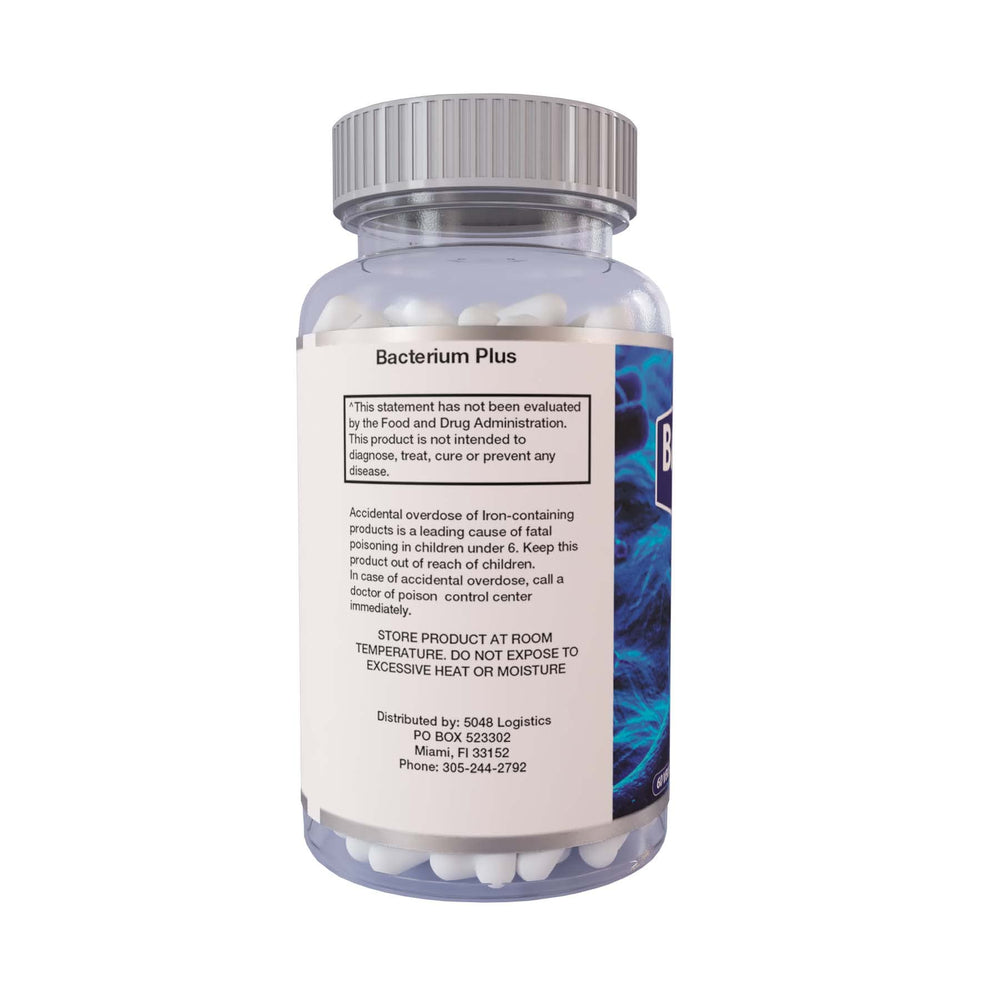 BACTERIUM PLUS packaging box perspective conveys a comprehensive digestive support overview